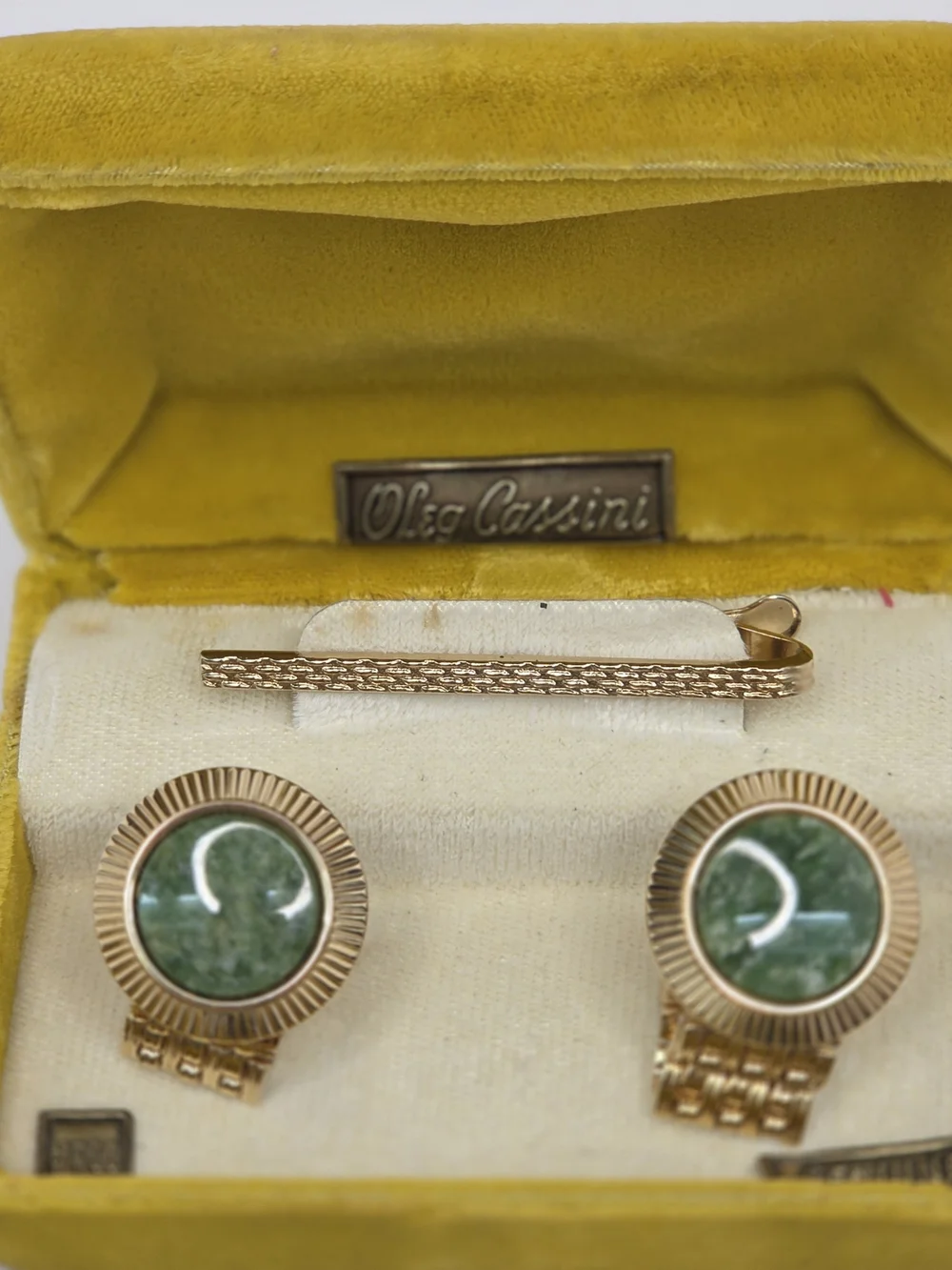 Oleg Cassini Gold-Tone Cufflink & Tie Bar Set with Genuine Jade